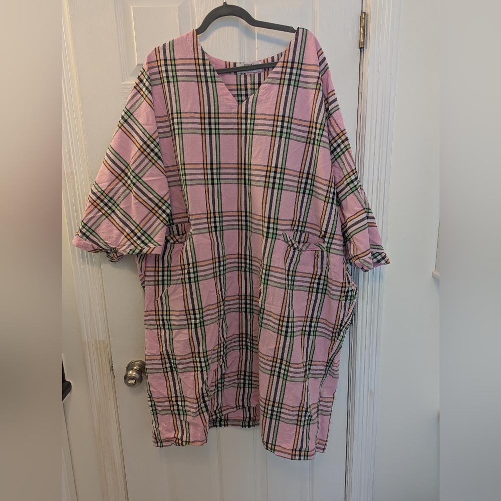 Red Sky Shop Plaid Linen Oversized Dress 3X